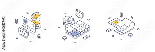 Isometric line icons illustrate various aspects of online payments, including digital transactions, payment methods, and calculations. Modern vector illustrations set