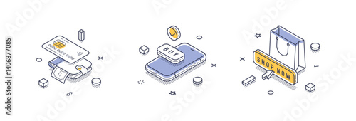 Design features contemporary isometric line icons that illustrate various online shopping elements. Payment methods, online shop app, store promotion. Vector illustration