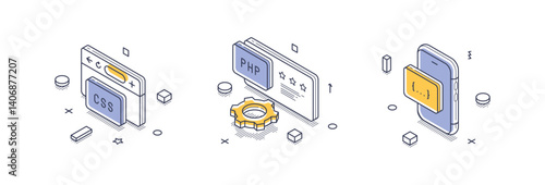 Colorful isometric line icons illustrating essential web development technologies such as CSS and PHP. Various elements representing coding and mobile applications. Vector illustration