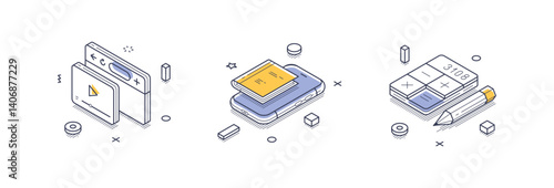 Set of isometric line icons illustrating online education concepts, including digital learning platforms, interactive modules, and educational tools.