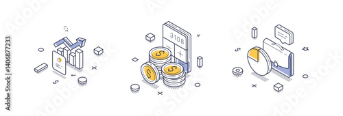 Detailed isometric line icons illustrate key aspects of financial reports, including charts, coins, and calculators. Icons provide a modern touch to infographics in finance