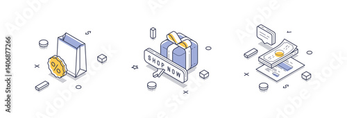 Isometric line icons represent various aspects of the online marketplace, highlighting activities like shopping, packaging, and payments. Each icon features modern design and clean outlines.