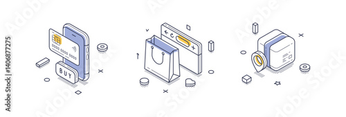 Isometric line icons illustrating various online marketing concepts, such as mobile purchases, shopping bags, and location services, showcasing digital commerce.