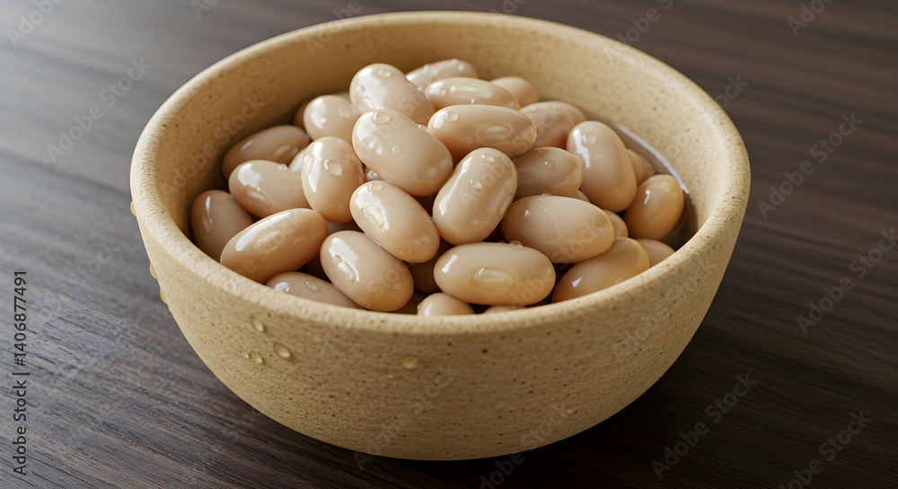 Close Up Of Cannellini Beans In Ceramic Bowl On Wooden Surface Close Up Of Cannellini Beans In Ceramic Bowl On Wooden Surface