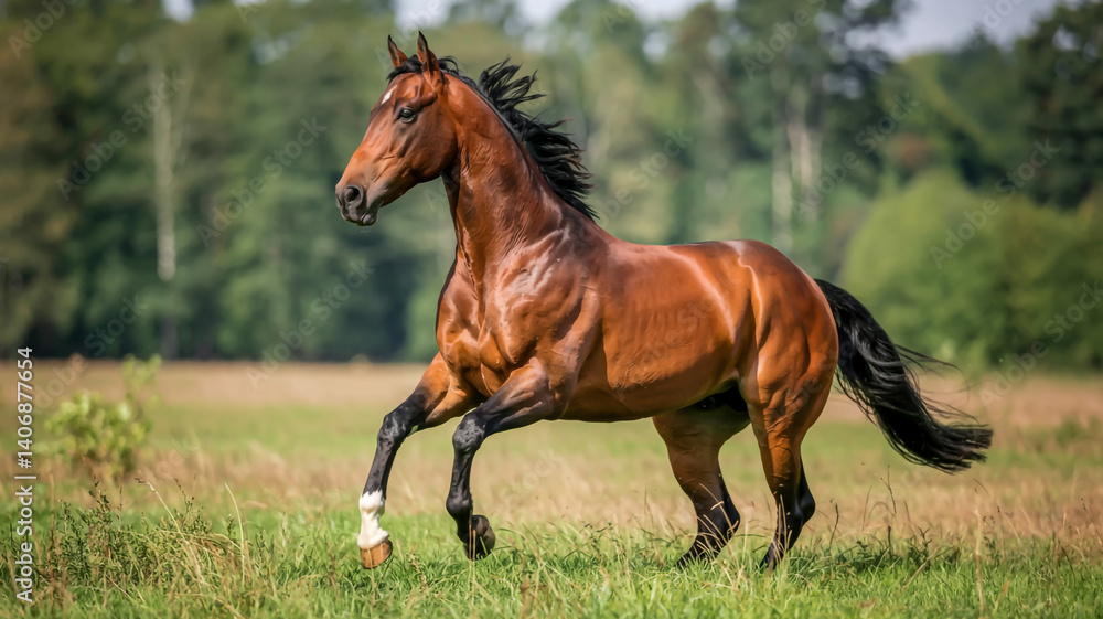 Fototapeta premium A horse grazes peacefully in the field, also known as a meadow, with green grass under a bright sky