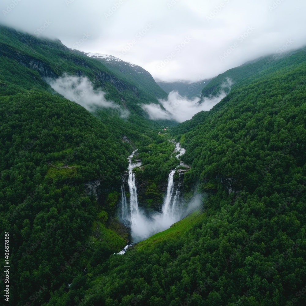 An impressive waterfall plunges dramatically into a tranquil lake, symbolizing nature's raw power and beauty An impressive waterfall plunges dramatically into a tranquil lake, symbolizing nature's raw power and beauty