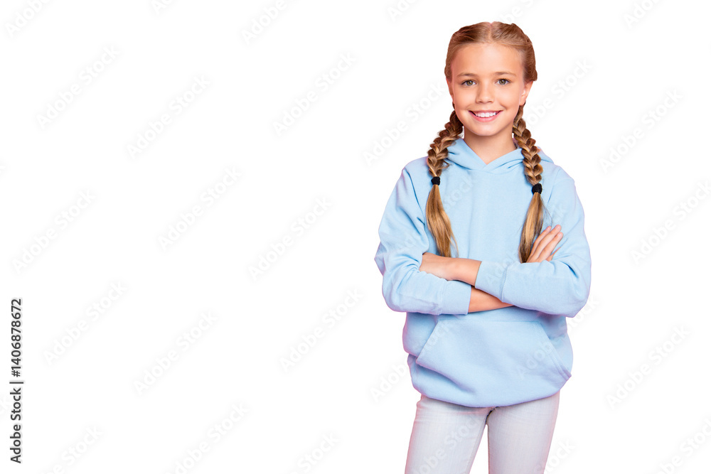 Photo of cheerful positive kind friendly cute girl standing confidently with arms crossed near empty space to be fulfilled with ads isolated over pastel color background Photo of cheerful positive kind friendly cute girl standing confidently with arms crossed near empty space to be fulfilled with ads isolated over pastel color background