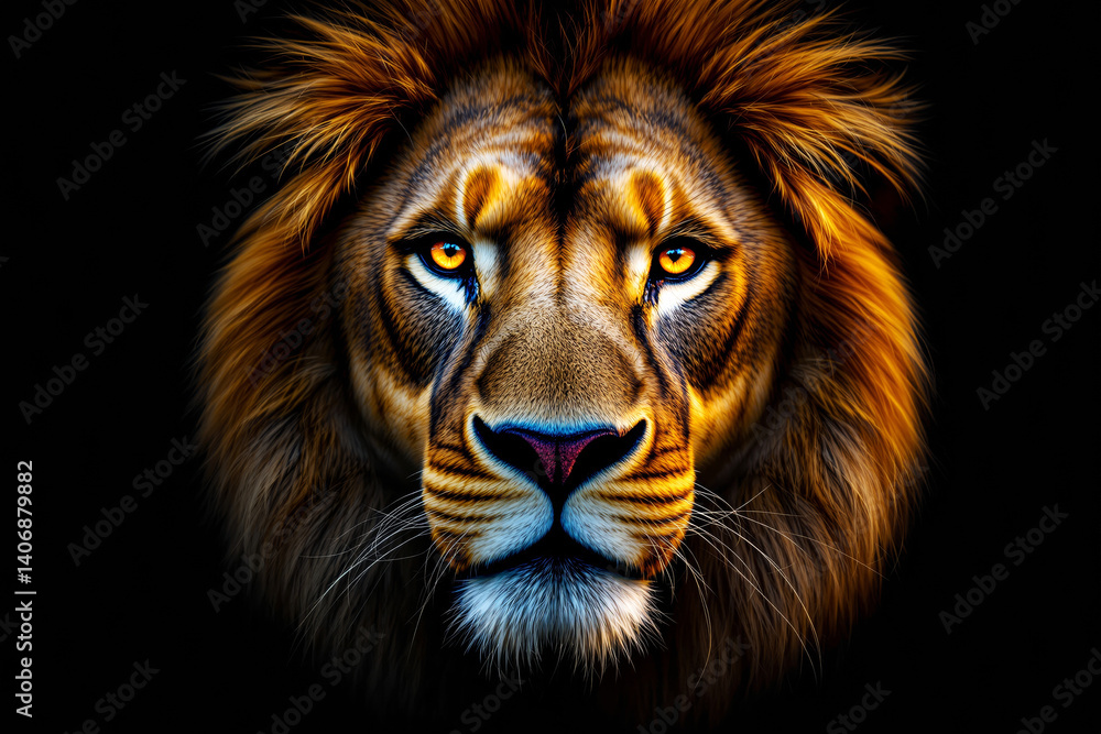 Majestic lion face with glowing eyes on dark background. Majestic lion face with glowing eyes on dark background.