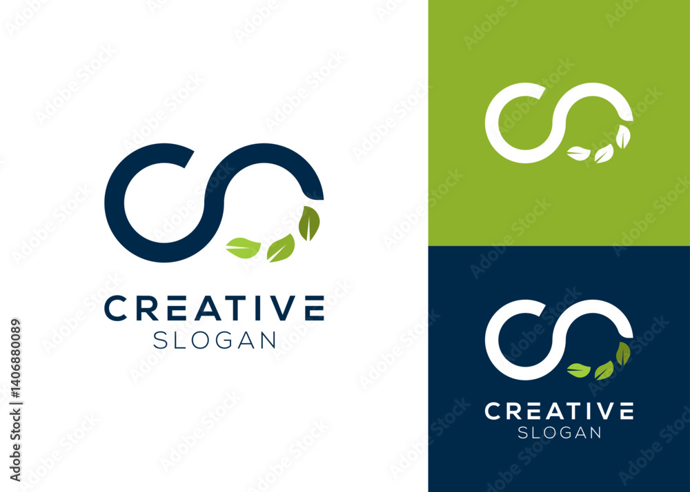 Fototapeta premium Letters C and O form infinity with leaf elements logo design