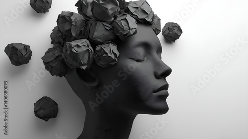 Sculpted Serenity: A close-up view reveals a minimalist, serene portrait of a woman, her face and hair replaced by dark paper that symbolizes pressure and strain.