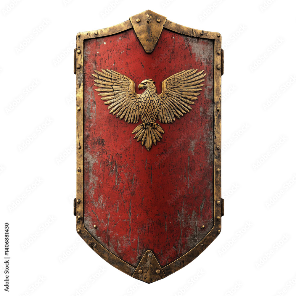 Ancient Roman red rectangular shield with golden eagle emblem, worn wood and metal details, historic legionary armor.