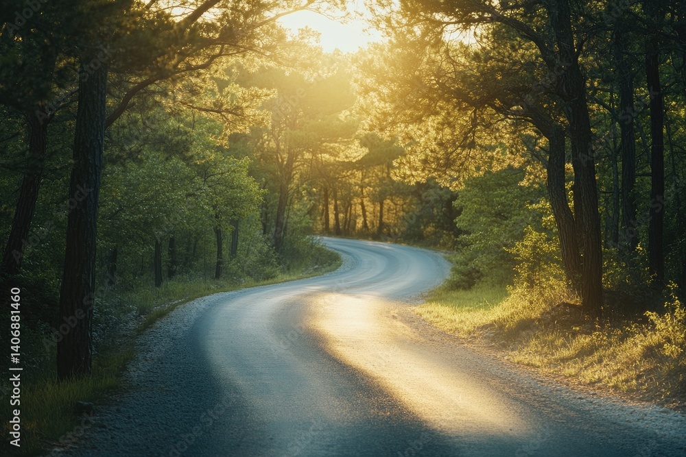 Fototapeta premium Winding road through sunlit forest