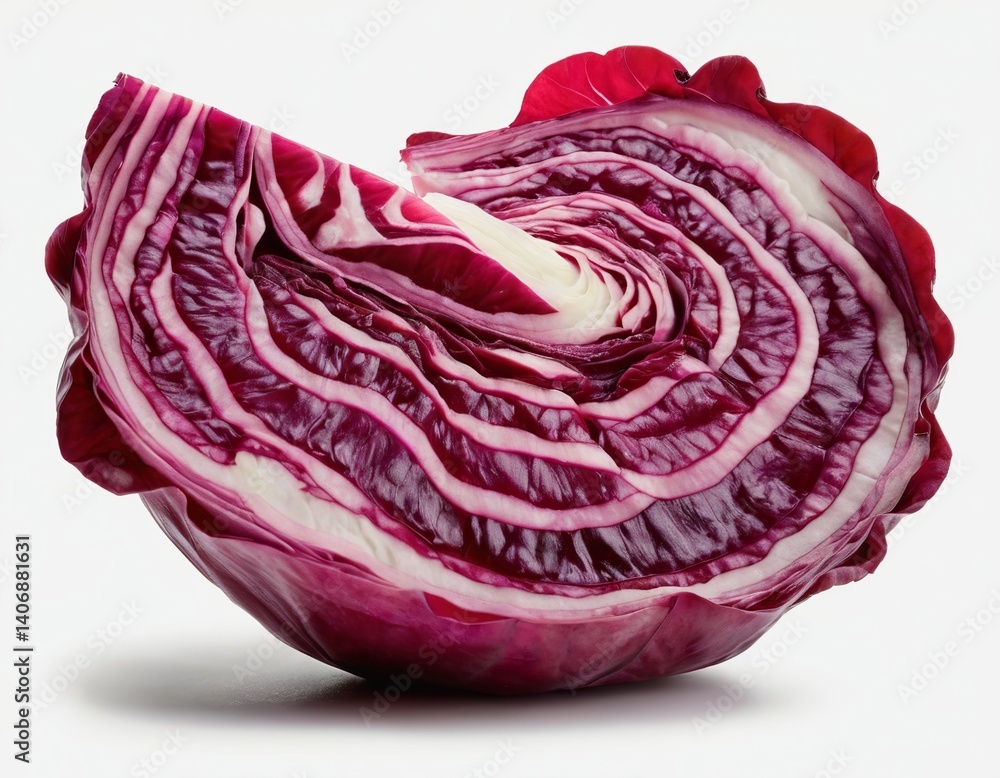Obraz premium Cross-section of vibrant red cabbage showcasing intricate layers and rich colors.