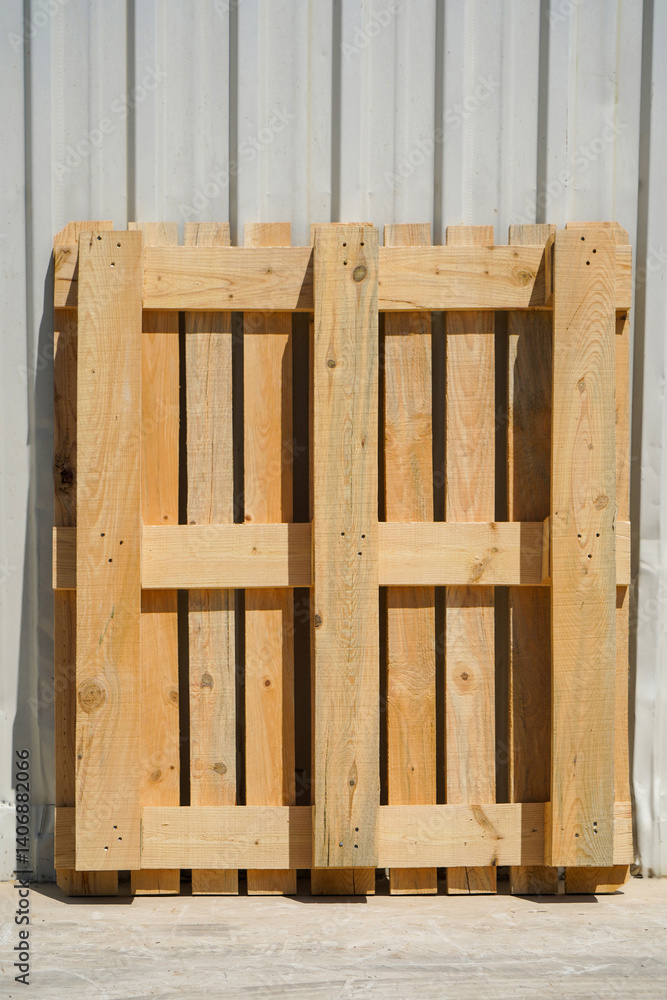 Wooden Pallet Leaning Against a Metal Wall in Industrial Setting