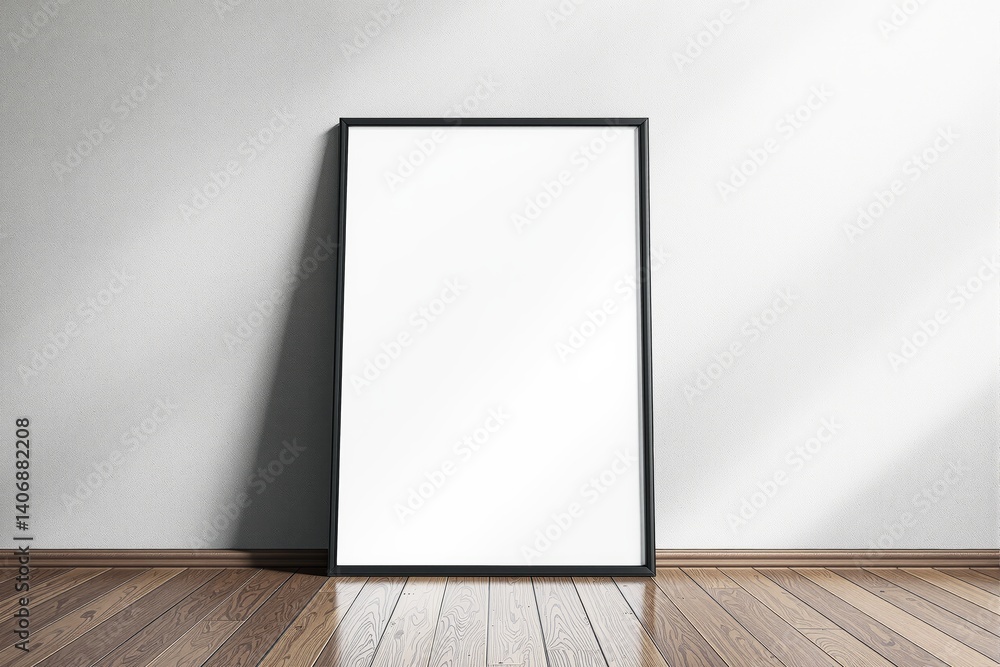 Blank black frame poster mockup leaning against a white wall. Blank black frame poster mockup leaning against a white wall.