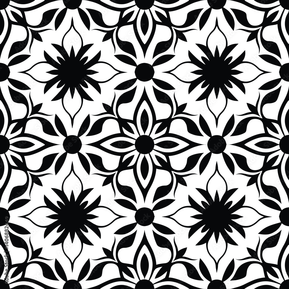 Fototapeta premium Seamless pattern with floral elements| Damask Seamless Vector Pattern| Hand drawing tile pattern| Black seamless floral Pattern Illustration on white Background