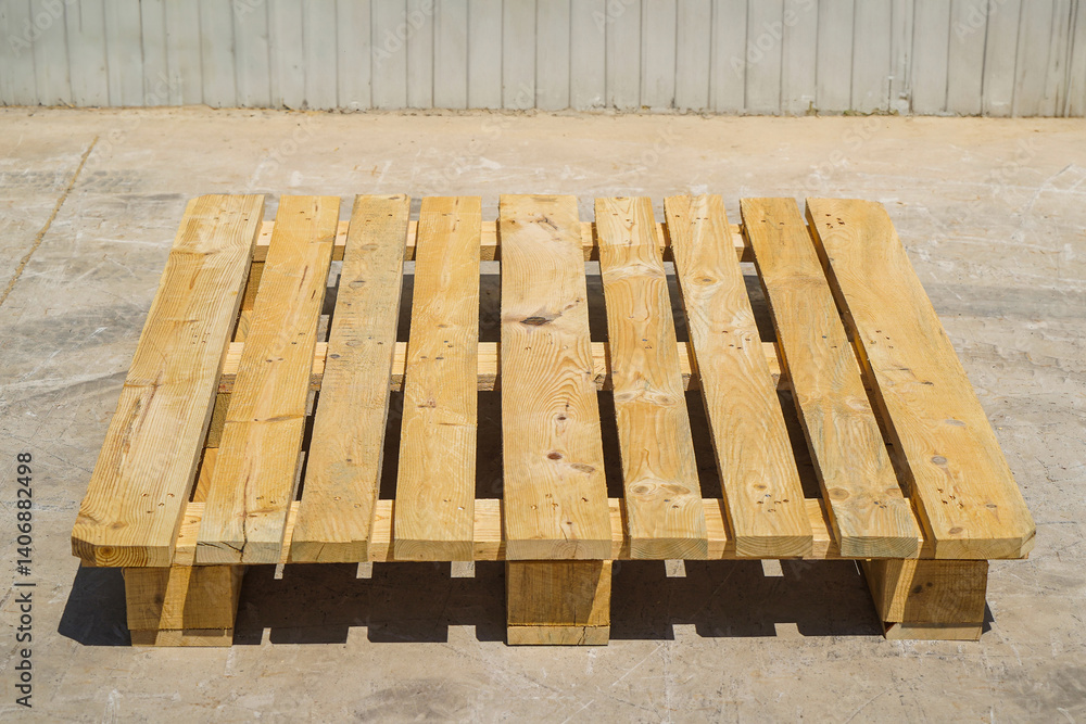 Wooden Pallet on a Warehouse Floor with Metal Wall Background