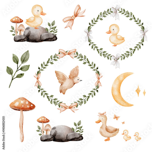 clipart boho watercolor geese wreaths summer set