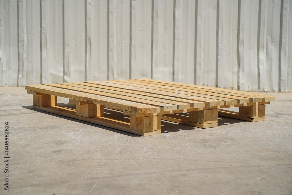 Wooden Pallet on a Warehouse Floor with Metal Wall Background