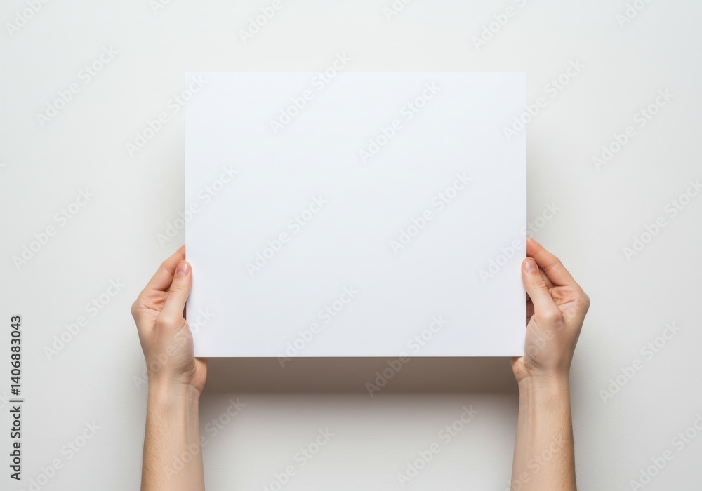 Hands holding a blank white square card against a white background in a studio setting top view Hands holding a blank white square card against a white background in a studio setting top view
