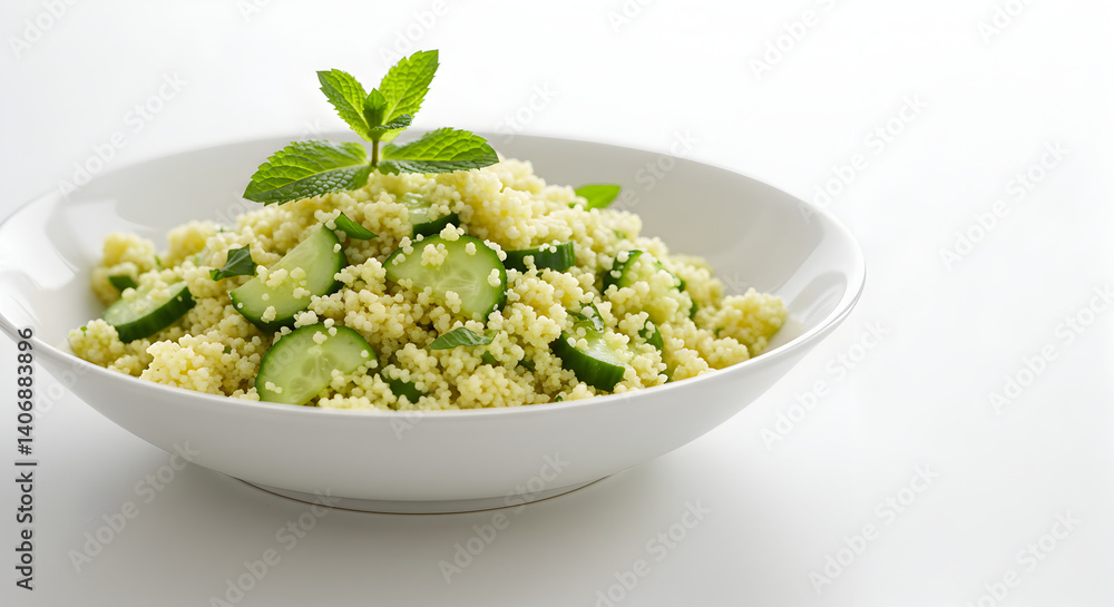 Fresh Couscous Salad With Cucumber And Mint On A White Background Fresh Couscous Salad With Cucumber And Mint On A White Background