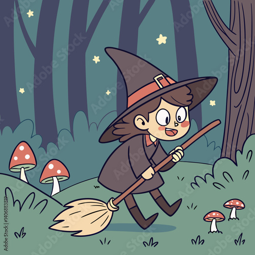 A clumsy cartoon witch trips over her broomstick in a whimsical, magical forest setting