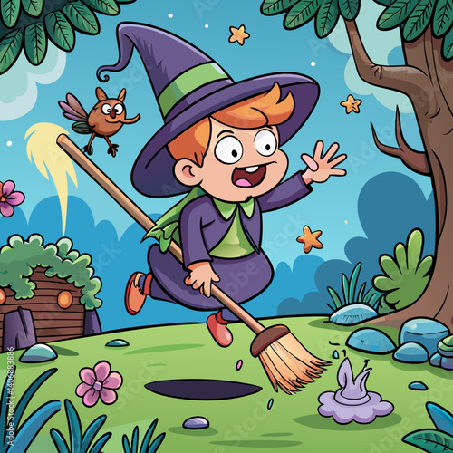 A clumsy cartoon witch trips over her broomstick in a whimsical, magical forest setting