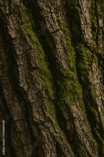 An extreme close-up of rugged tree bark with moss or lichen growing in crevices, styled with natural light