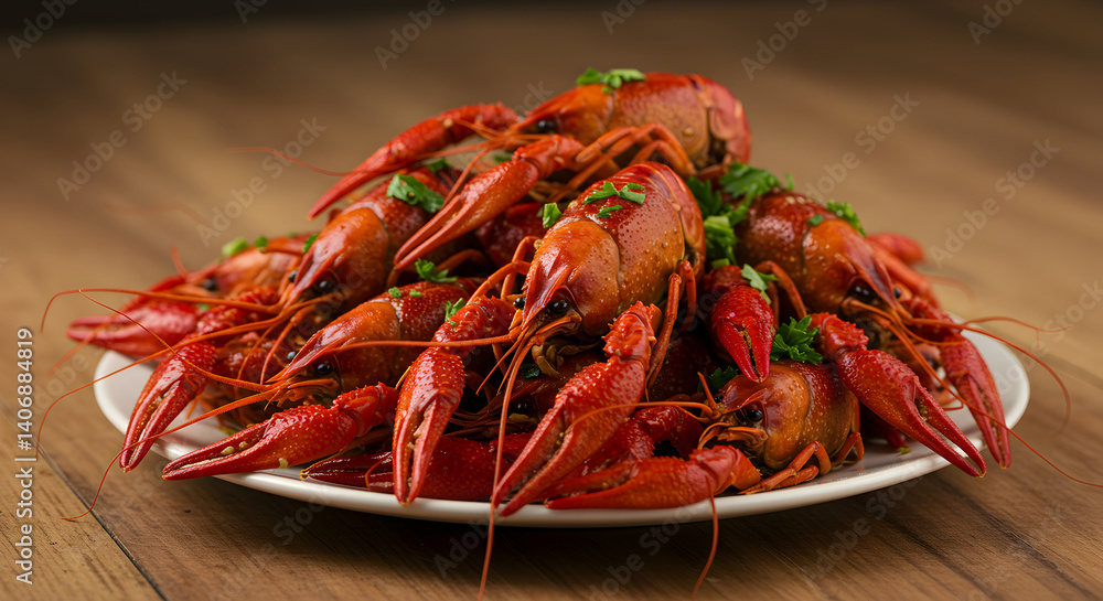 Boiled Crawfish Platter Garnished With Parsley On Wood Surface Boiled Crawfish Platter Garnished With Parsley On Wood Surface