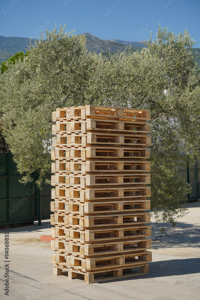 Large pile of wooden pallets outdoors at the factory loading dock.