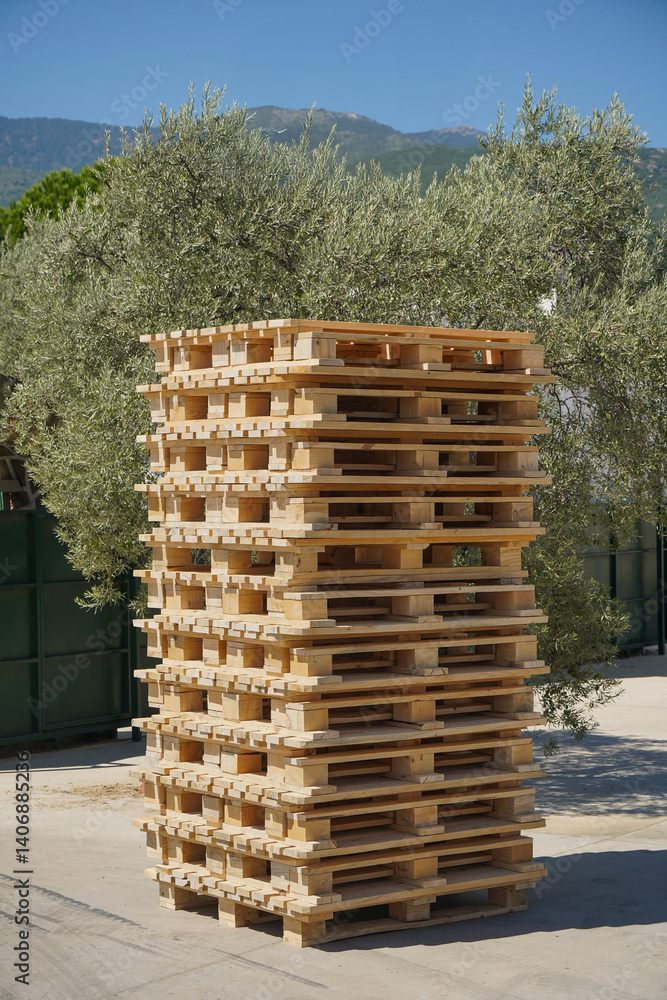 Large pile of wooden pallets outdoors at the factory loading dock.