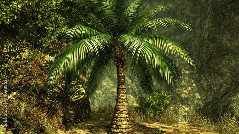 Naklejka premium Lush tropical palm tree in a dense jungle