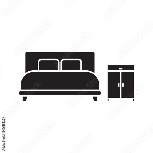 Bedroom icon, White bed and sideboards, sideboards. Banner for advertising home comfort, hotels, housing, and recreation. Vector on white background.