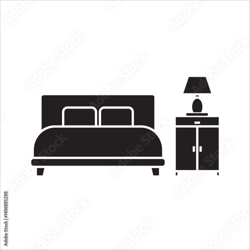 Bedroom icon, White bed and sideboards, sideboards. Banner for advertising home comfort, hotels, housing, and recreation. Vector on white background.
