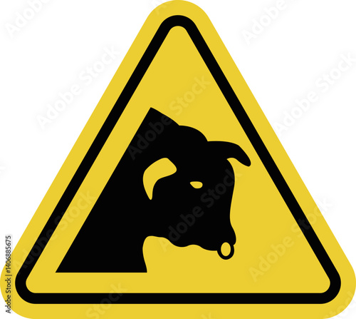 Bull warning sign. Warning yellow triangle road sign. Caution, bulls nearby. Danger area. Risk of injury. Wild bulls or other large cattle. Free ranging animals may enter the road.