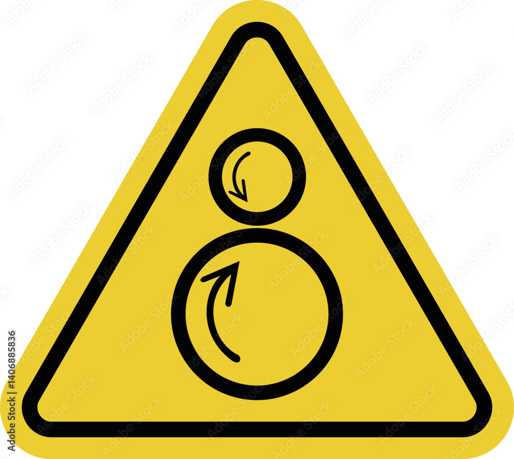 Sign of a mechanism with rotating rollers that move in opposite directions. Danger of catching, pulling in or pinching body parts, clothing and tools. Warning yellow triangle road sign. Sign of a mechanism with rotating rollers that move in opposite directions. Danger of catching, pulling in or pinching body parts, clothing and tools. Warning yellow triangle road sign.