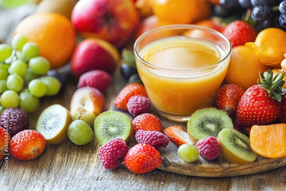 Colorful fruit and juice display Colorful fruit and juice display