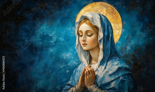 Virgin Mary, religious painting illustration. The image of the Blessed Virgin Mary in the dark blue sky