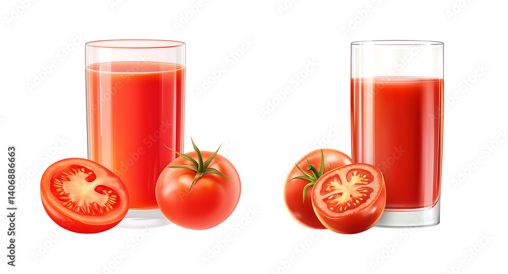 Tomato Juice with Fresh Tomatoes - Refreshing tomato juice surrounded by ripe, juicy tomatoes. Ideal for health drink ads and packaging. Tomato Juice with Fresh Tomatoes - Refreshing tomato juice surrounded by ripe, juicy tomatoes. Ideal for health drink ads and packaging.