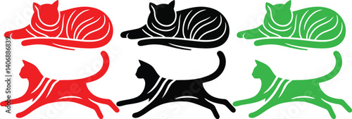 Minimalist dog silhouettes, stylized canine icons, red green and black color scheme, simple geometric shapes, clean lines, vector graphics style, logo design inspiration, modern pet illustrations, con