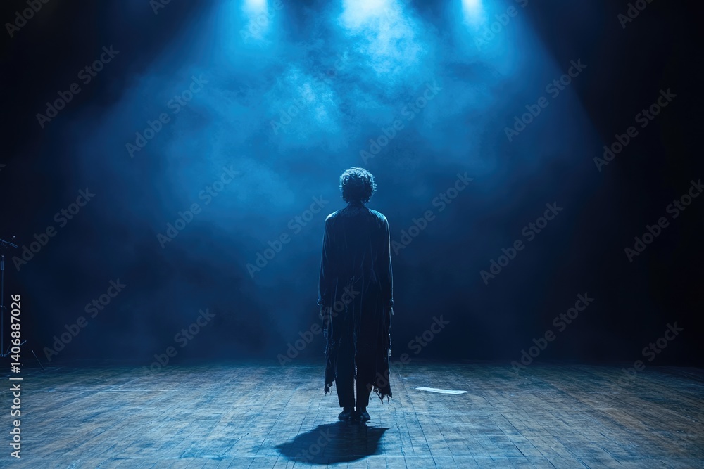 Obraz premium A lone figure, back to camera, stands on a dimly lit stage shrouded in blue smoke, creating a mysterious atmosphere.
