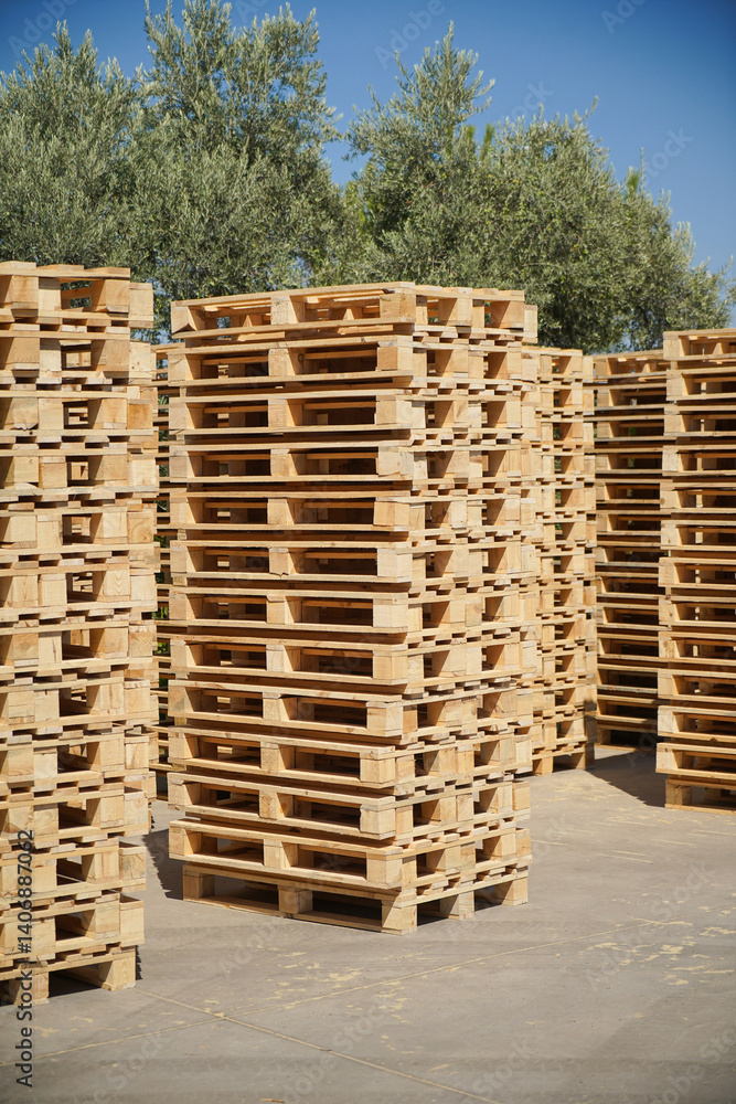 Stacked Wooden Pallets Outdoors in a Storage Facility on a Sunny Day.
