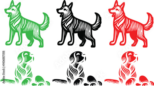 Minimalist dog silhouettes, stylized canine icons, red green and black color scheme, simple geometric shapes, clean lines, vector graphics style, logo design inspiration, modern pet illustrations, con