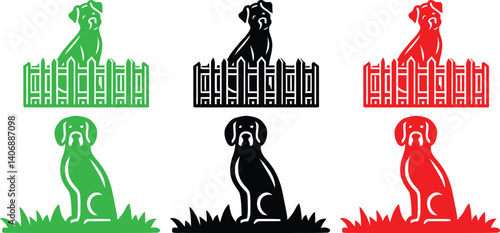 Minimalist dog silhouettes, stylized canine icons, red green and black color scheme, simple geometric shapes, clean lines, vector graphics style, logo design inspiration, modern pet illustrations, con