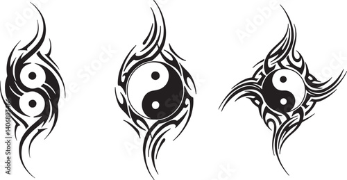 Yin Yang Tribal Tattoo Vector Set – Black Abstract Symbol Illustrations