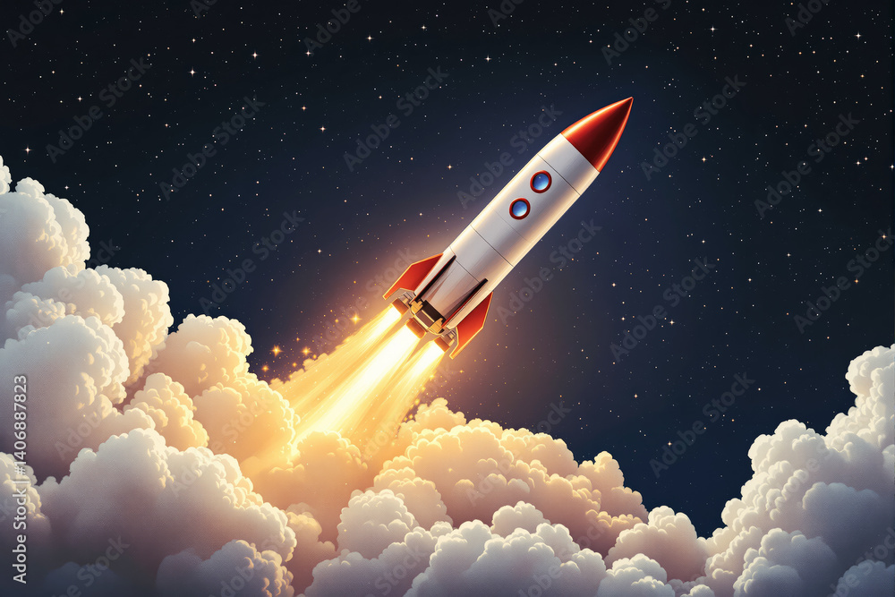 Naklejka premium Rocket launching into the starry sky with bright flames and smoke clouds.