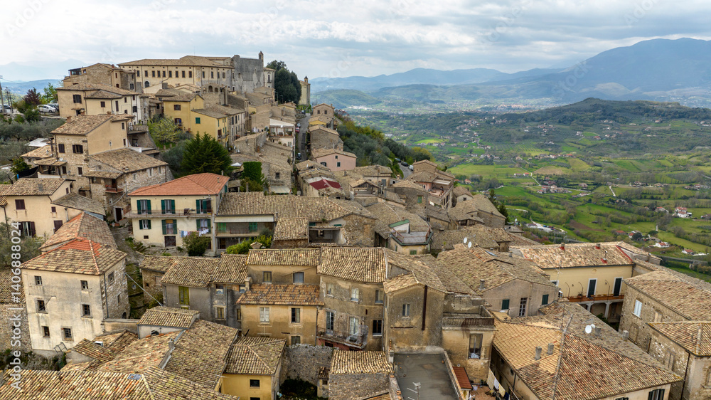 Aerial view of houses in the town of Arpino, located in the province of Frosinone in Lazio, Italy.