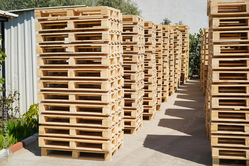 Stacks of Wooden Pallets Vertical Arranged Outdoors in Industrial Factory Setting