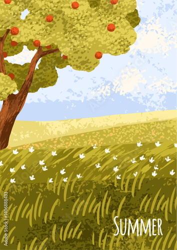 Summer landscape card. Apple tree, grass field, meadow, sky horizon. Peaceful...