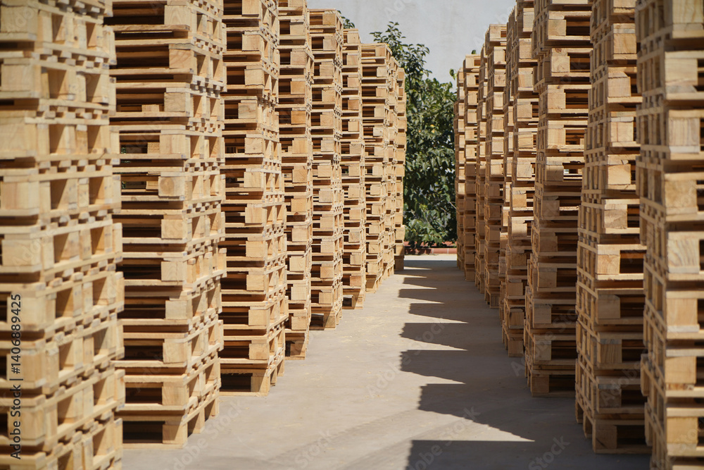 Stacks of Wooden Pallets Vertical Arranged Outdoors in Industrial Factory Setting